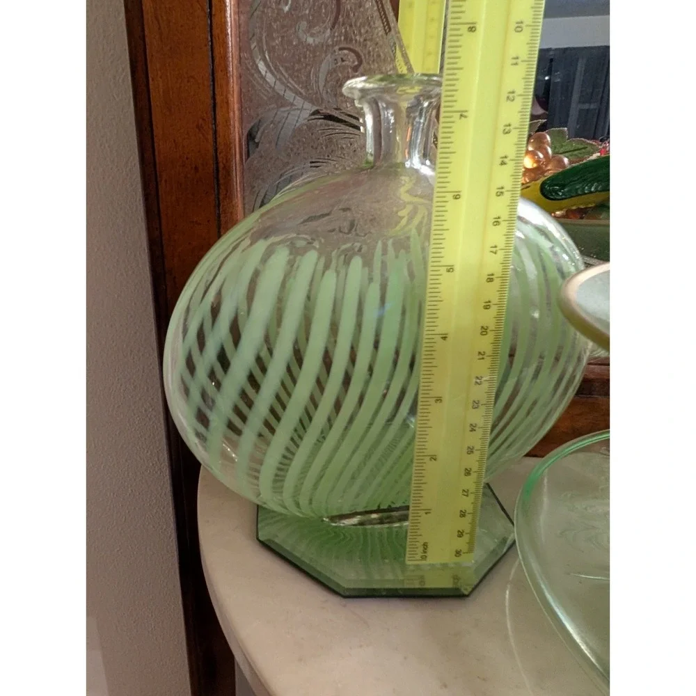Retired Pier 1 Glass Vase W/ Green Stripes & Pier 1 Blown Glass Shell Stopper